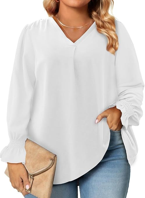 Eytino Plus Size Tops for Women Sexy V Neck Smocked Long Sleeve Blouse Loose Casual Work Shirts(1... | Amazon (US)