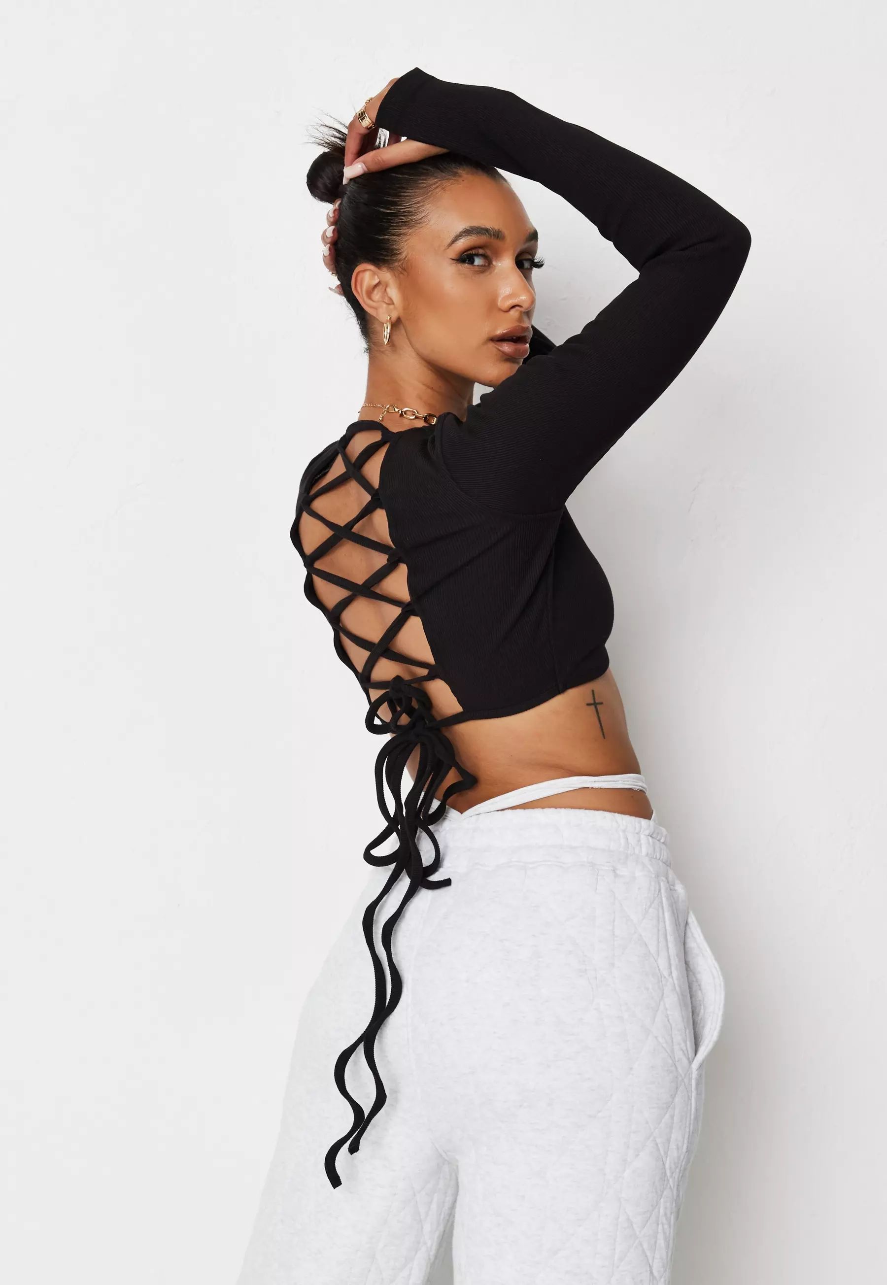 Jordan Lipscombe x Missguided Black Rib Tie Back Crop Top | Missguided (US & CA)