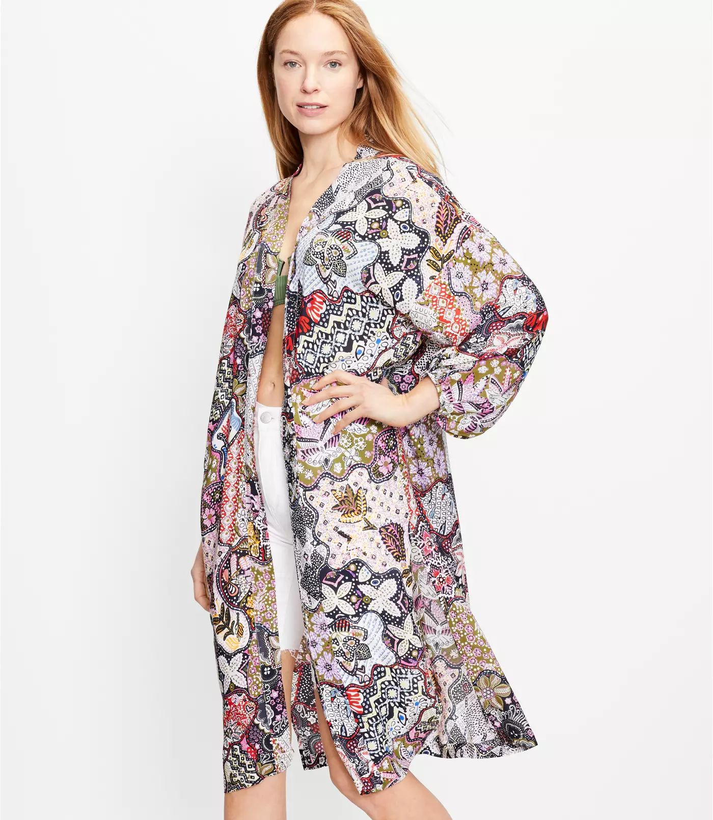 Mosaic Floral Ruched Sleeve Duster | LOFT