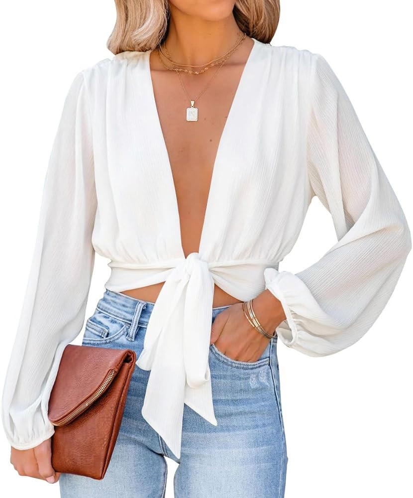 LYANER Women's Deep V Neck Long Sleeve Tie Front Knot Sexy Wrap Crop Top Blouse | Amazon (US)