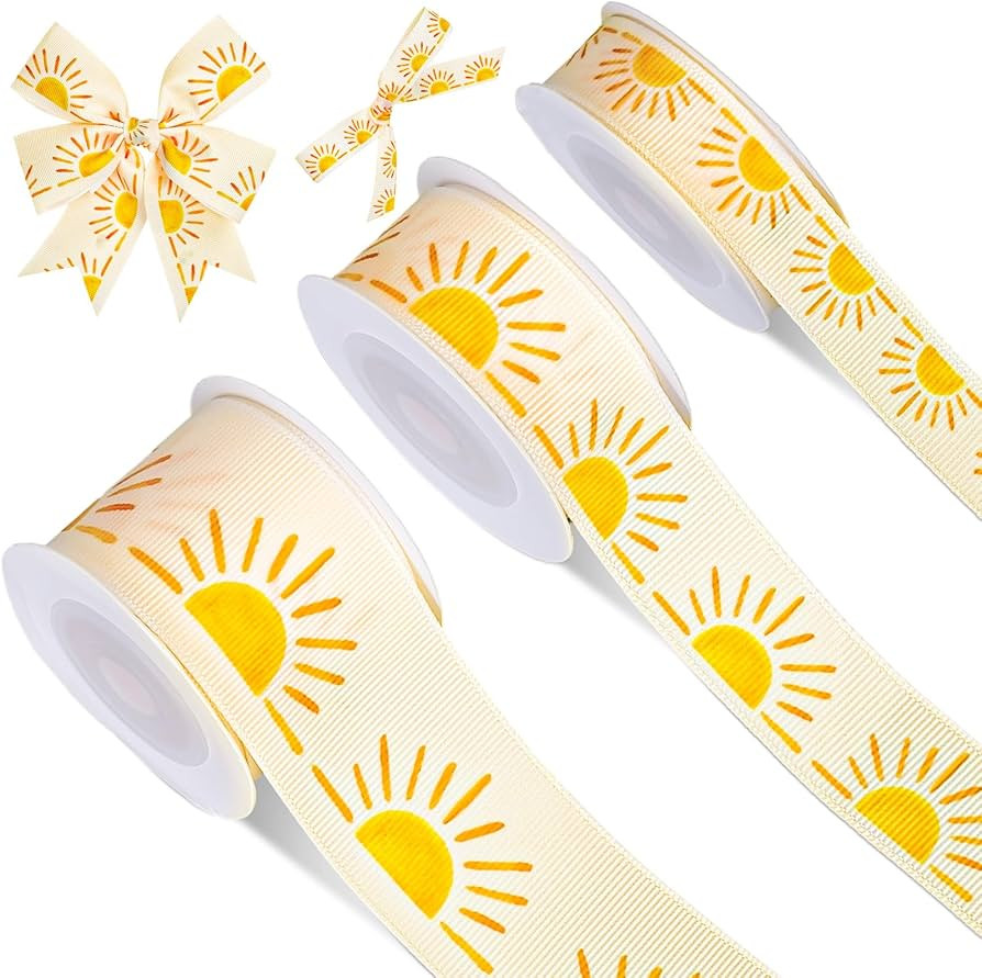 3 Roll Boho Sun Grosgrain Ribbon Sunshine Ribbon for Wreath Bow Craft Gift Wrap Party Decor, 15 Y... | Amazon (US)