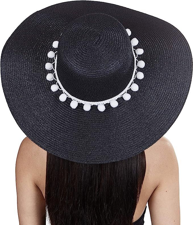Womens Beach Straw Sun Hat with Pom Pom Floppy Brim - Foldable for Summer Outdoors | Amazon (US)
