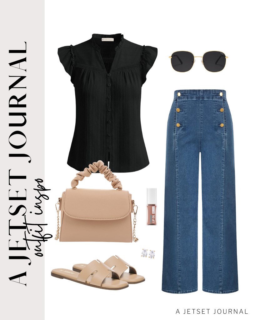 You'll definitely love this black ruffle-sleeve blouse paired with high-waisted jeans from Belle Poque. A top-handle bag complements this outfit, along with chic flat sandals. Complete the look with stud earrings from PAVOI.

#LTKSeasonal #LTKSaleAlert #LTKTravel 

 