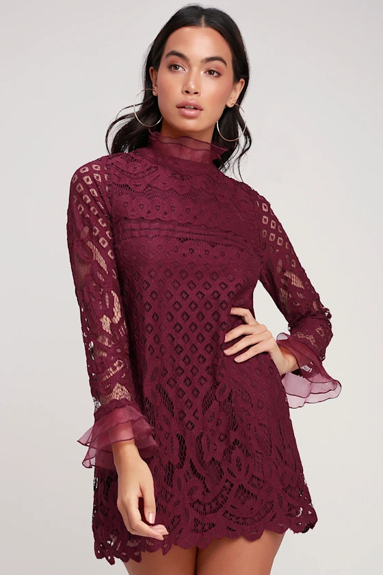 Love and Joy Burgundy Lace Long Sleeve Shift Dress | Lulus