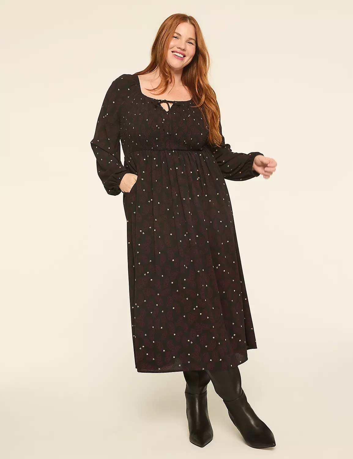 Smocked-Bodice Tie-Neck Maxi Dress | LaneBryant | Lane Bryant (US)
