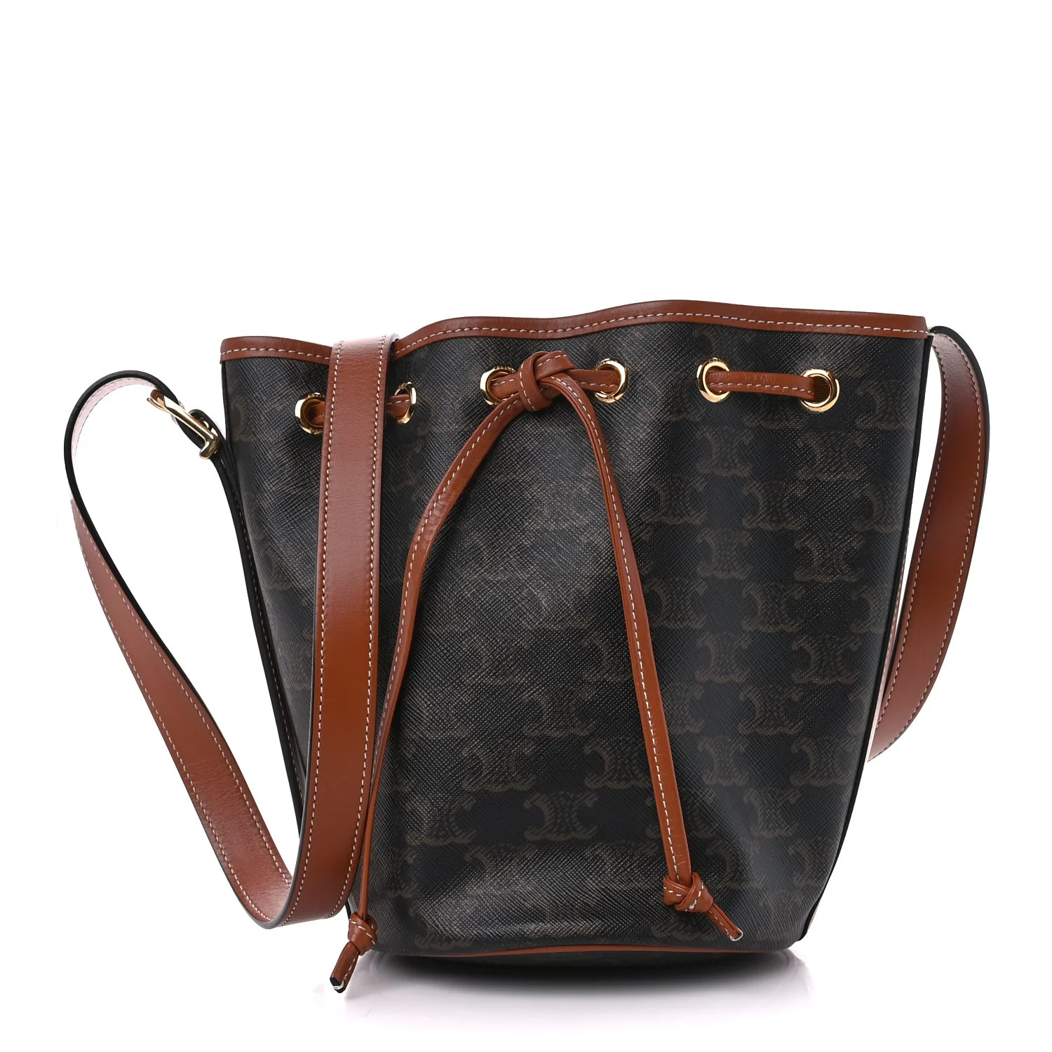 Triomphe Canvas Calfskin Small Drawstring Bucket Bag Tan | FASHIONPHILE (US)