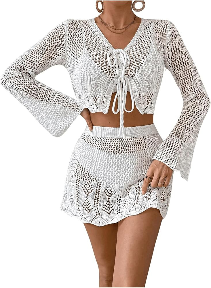 Milumia Women's 2 Piece Bikini Cover Up Set Crochet Tie Front Crop Top Beach Skirt | Amazon (US)