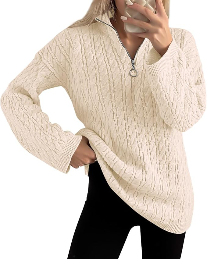 Imily Bela Womens Cable Knit Half Zip Sweater V Neck Collared Fall Trendy Oversized Long Sleeve P... | Amazon (US)