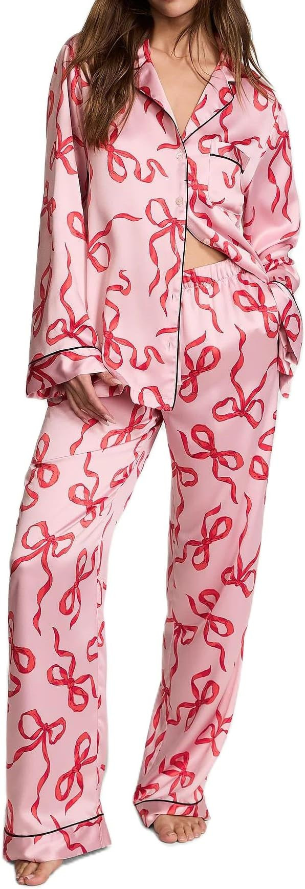 Argeousgor Women Valentine's Day Silk Satin Pajamas Set Button Down Shirt Pants Cute Heart Print ... | Amazon (US)