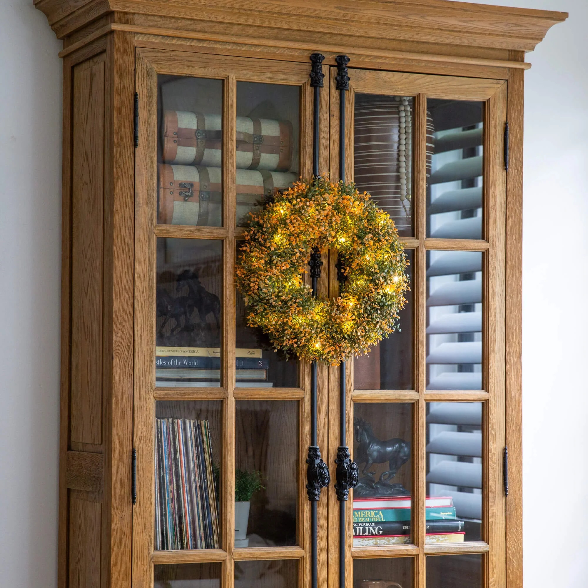 18" Pre-Lit Autumn Boxwood Artificial Fall Wreath with 25 Warm White L | Nearly Natural