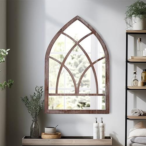 Sintosin Farmhouse Arched Window Mirror Wall Decor 16 X 24 Inch, Hanging Distressed White Rustic Cathedral Window Pane Mirror Wall Decor for Living Room, Wood Decorative Mirrors for Entryway | Amazon (US)