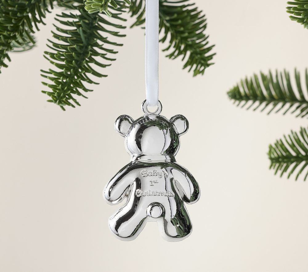 Baby's First Christmas Teddy Bear Silver Keepsake Ornament | Pottery Barn Kids