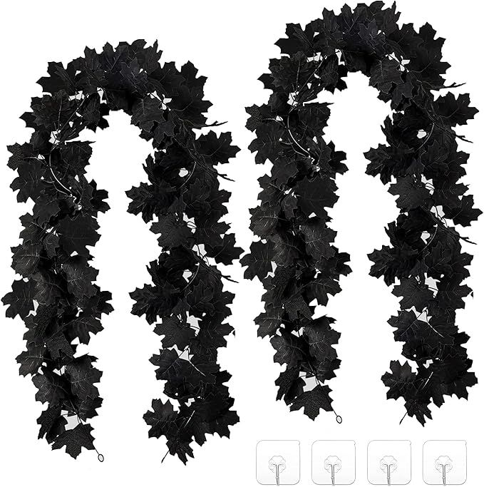 TMYIOYC Halloween Decoration, Halloween Fall Maple Garland, 2 Pack Black Artificial Maple Leaf Wr... | Amazon (US)