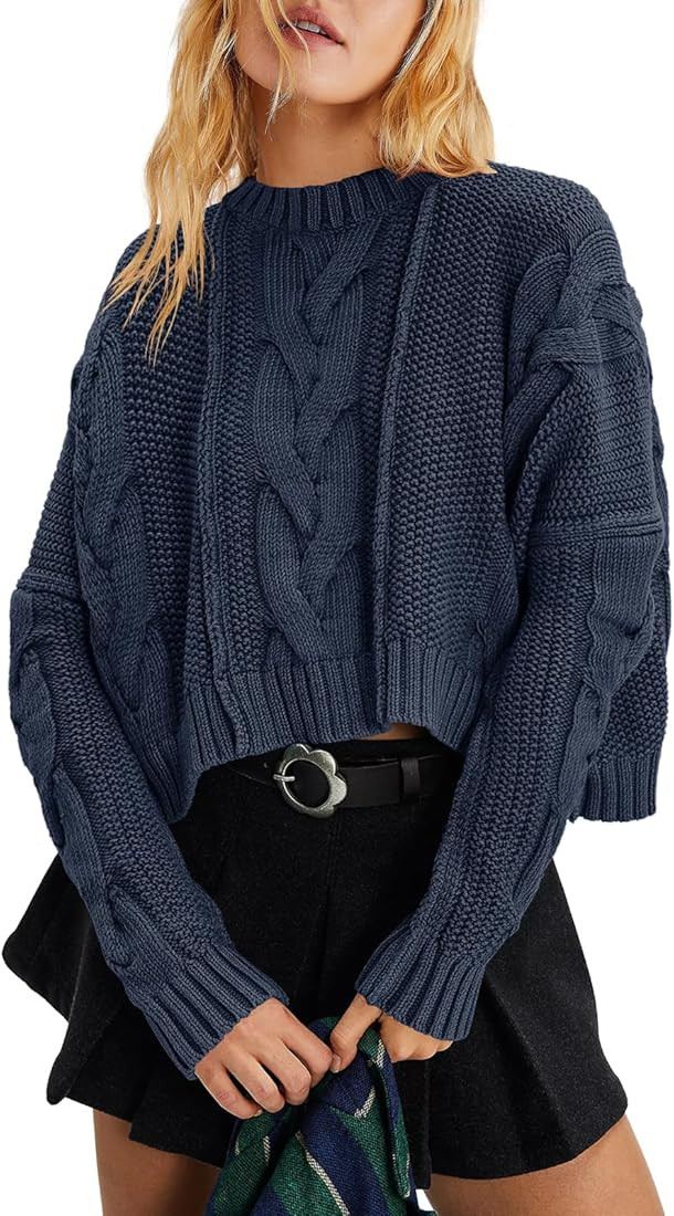 Panadila Womens Cropped Sweater Crew Neck Cable Knit Sweater Ribbed Long Sleeve Top Soft Boxy Pul... | Amazon (US)
