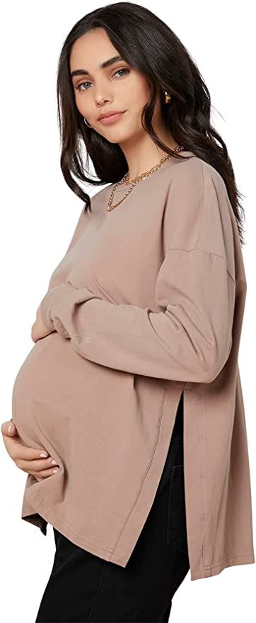 MakeMeChic Women's Maternity T-Shirt Long Sleeve Split Side Pregnancy Tee Tops | Amazon (US)