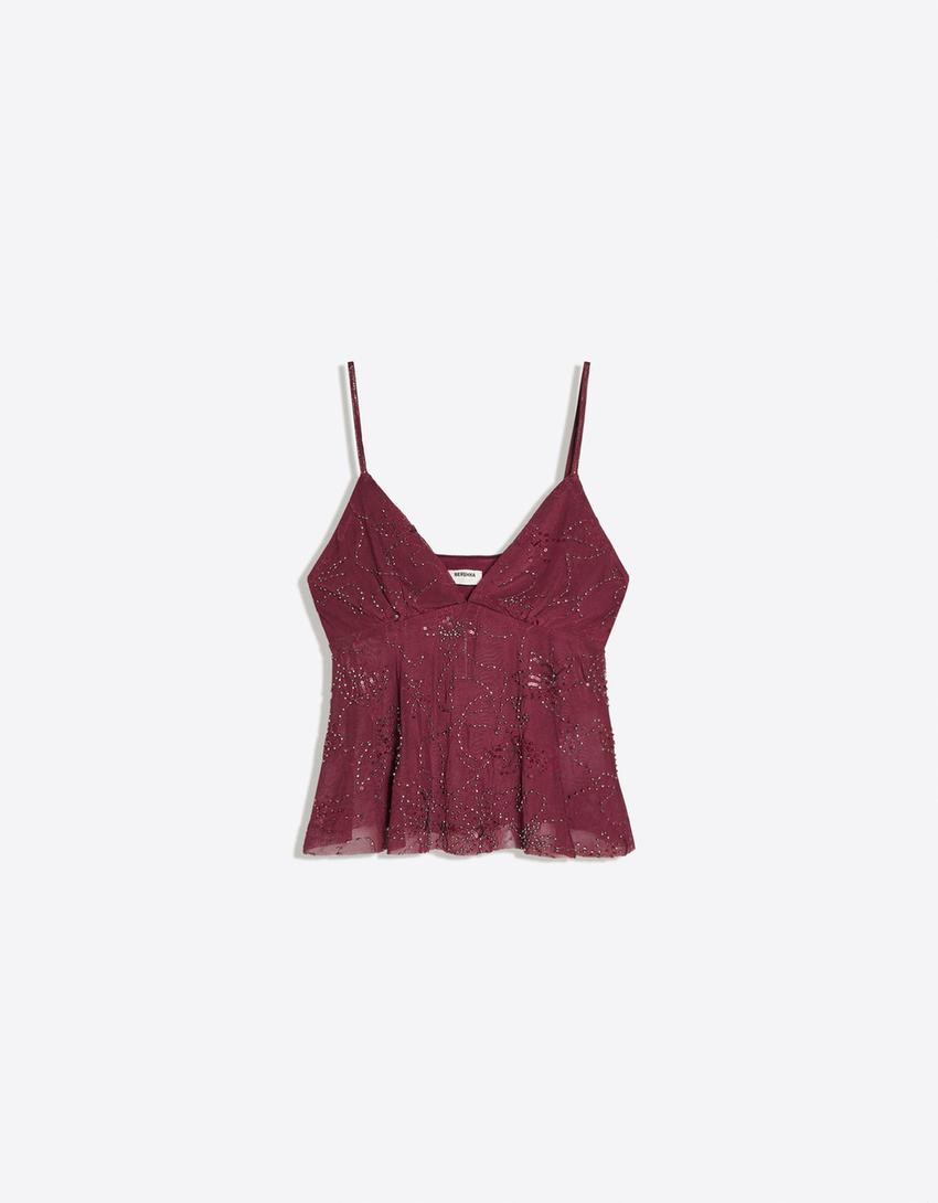 Rhinestone mesh strappy top - Women | Bershka UK
