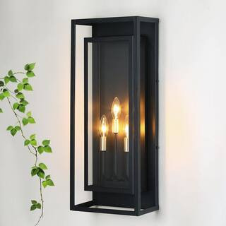 pasentel 3-Light 25 in. H Large Matte Black Outdoor Wall Sconce with Clear Glass Shade, Hardwired... | The Home Depot