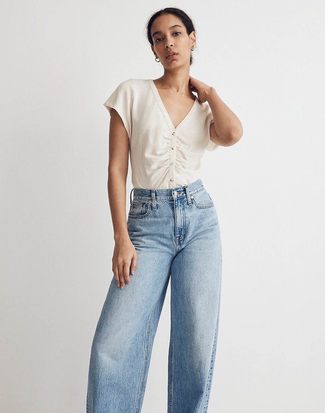 Linen-Blend Ruched Button-Front Top | Madewell