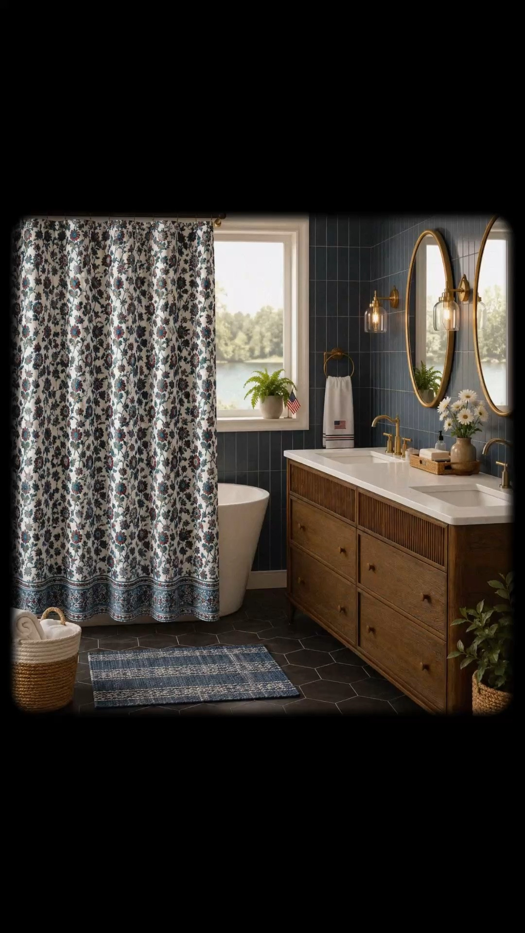 The perfect mix of a Nancy Myers plus Ralph Lauren Coastal, grandmillennial bathroom.