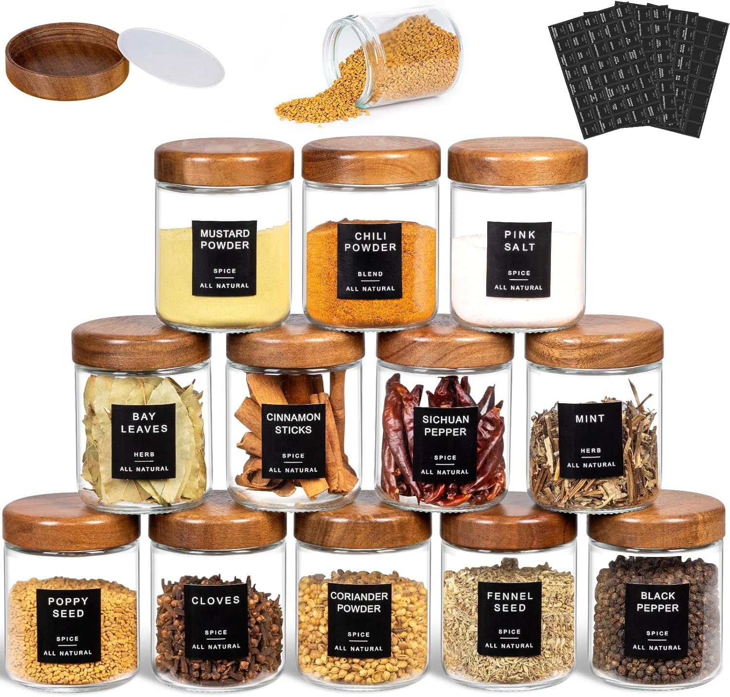Yangbaga 12Pcs Glass Spice Jars with Labels-8oz Acacia Wood Lid Square Spice Containers,Seasoning... | Amazon (US)