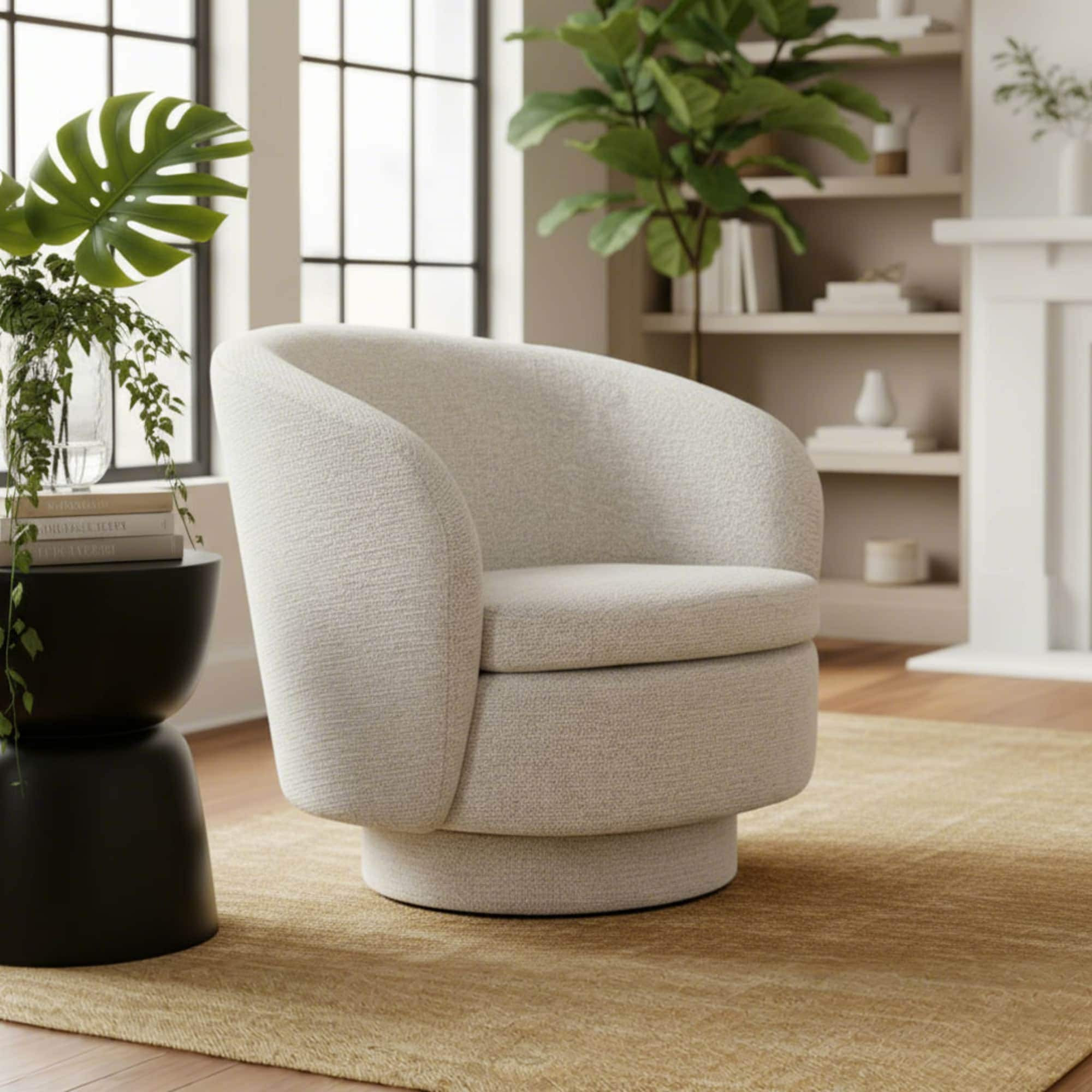 Maison Boucle Modern Beige Chenille Swivel Accent Chair with 360 Degree Rotating and Wide Curved Back one_size in White | HERA-CKS37-BEI-L | Lowe's