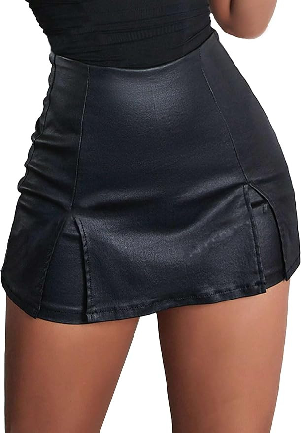 PU Leather Shorts for Women High Waisted Split Hem Mini Skort Bodycon Skirts | Amazon (US)