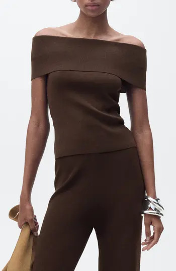 MANGO Sesete Off the Shoulder Knit Top in Dark Brown at Nordstrom Rack, Size X-Small | Nordstrom Rack
