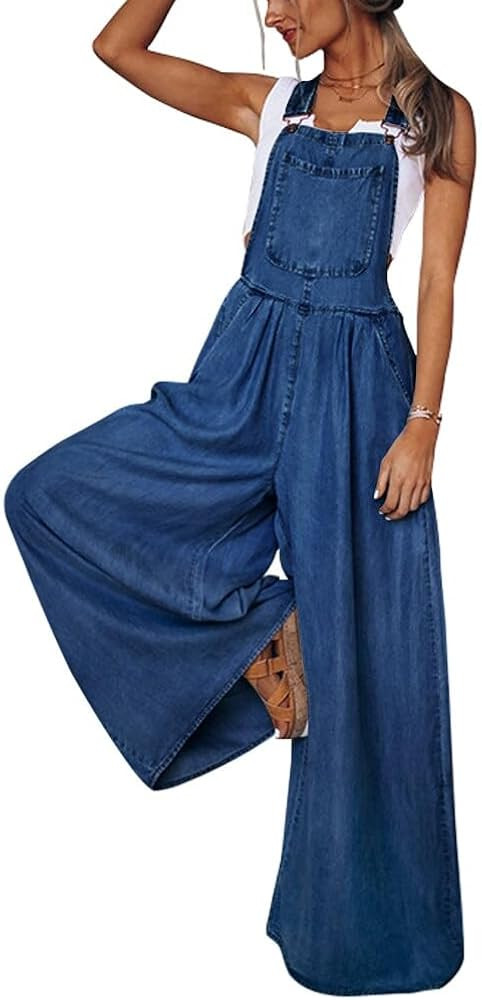 chouyatou Women's Loose Adjustable Strap Wide Leg Denim Bib Overalls Baggy Distressed Jean Overal... | Amazon (US)