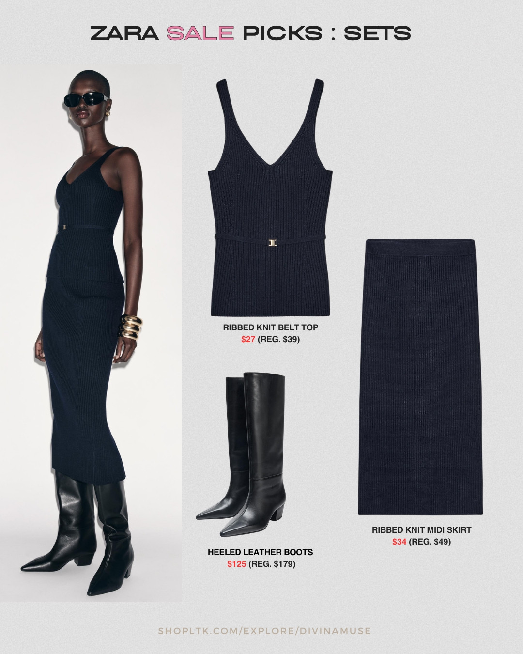 zara sale picks: this knitted black set. classy, chic, work-friendly, minimal, and stylish. love that they added the belt with the ribbed knit tank top. ribbed knit skirt is mid length. also added the knee high leather boots from the fit.  

 #LTKSaleAlert #LTKFindsUnder50 #LTKWorkwear