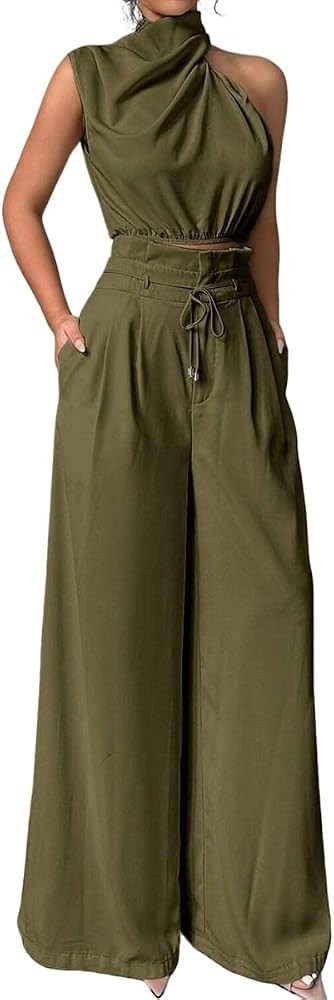 2 Piece Sets for Women Sleeveless Crop Top and Wide Leg Pants Going Out Outfits | Amazon (US)
