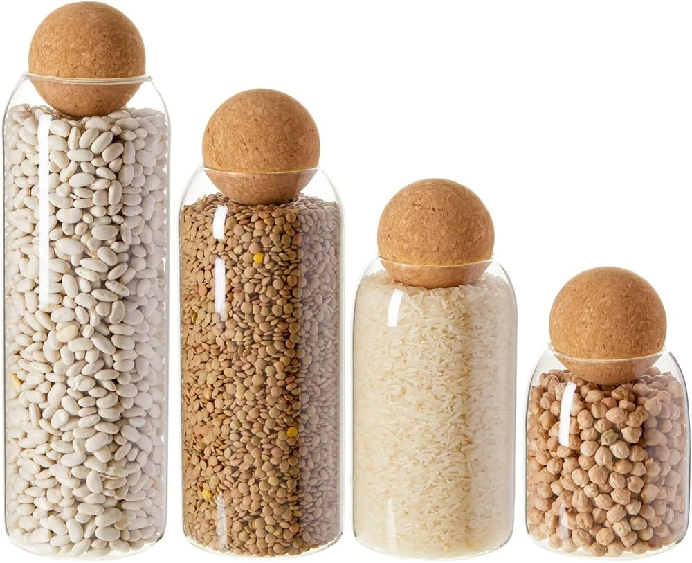Set of 4 Cork Ball Lid Glass Jars, Tall Food Storage Containers for Pantry, Coffee Storage (4 Siz... | Amazon (US)