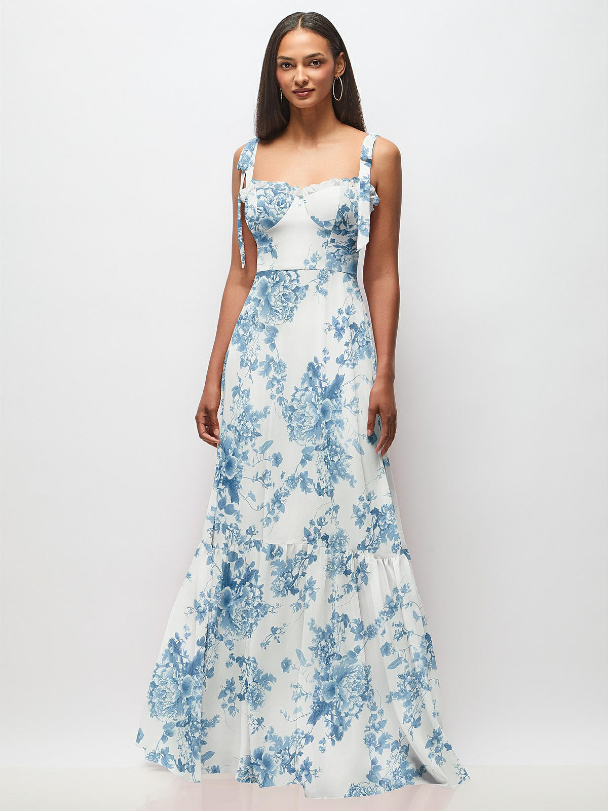 Tie-Shoulder Bustier Bodice Ruffle-Hem Maxi Dress | The Dessy Group