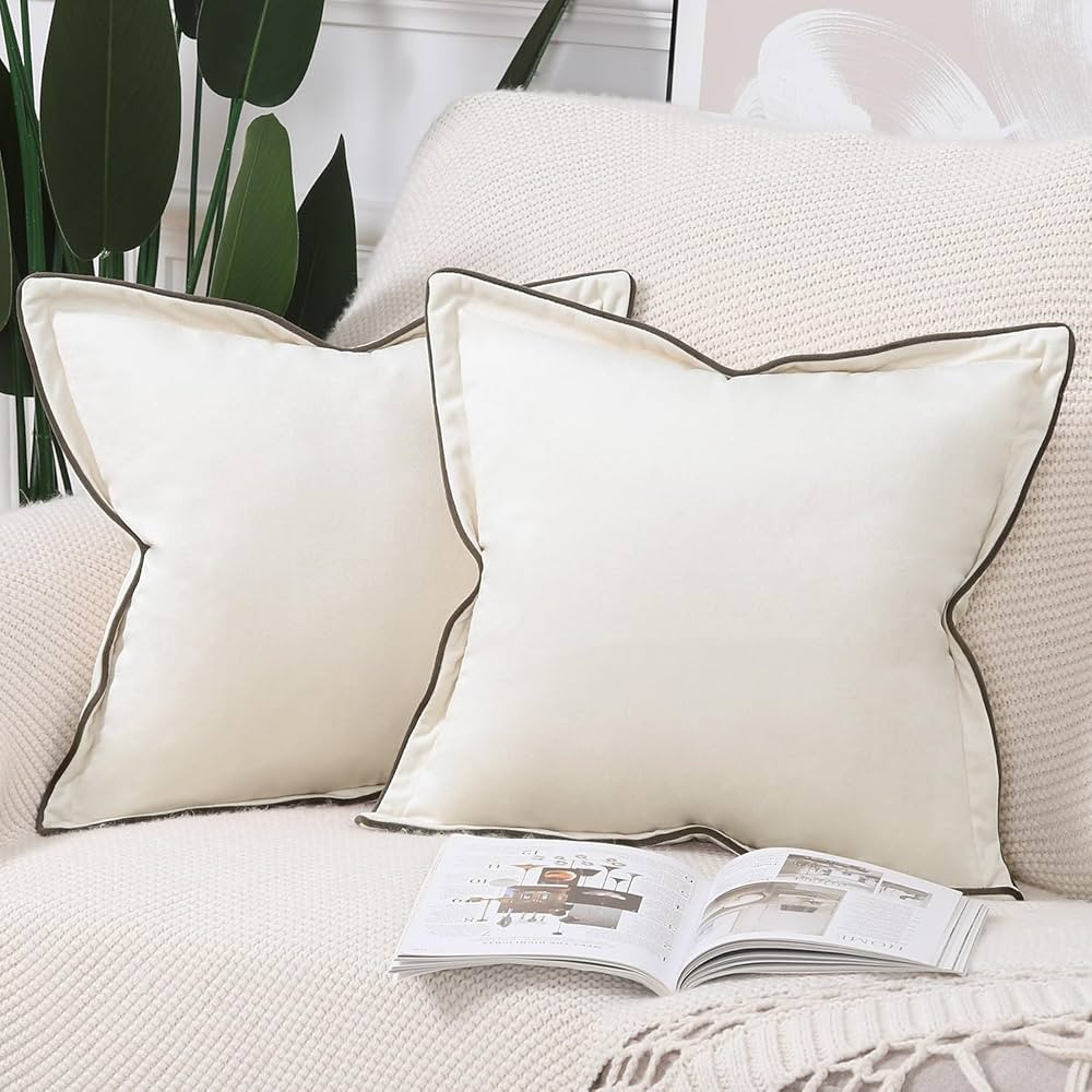 MADIZZ Set of 2 Velvet Fringed Throw Pillow Covers 20x20 Inch Cream White Soft Decorative Cushion... | Amazon (US)
