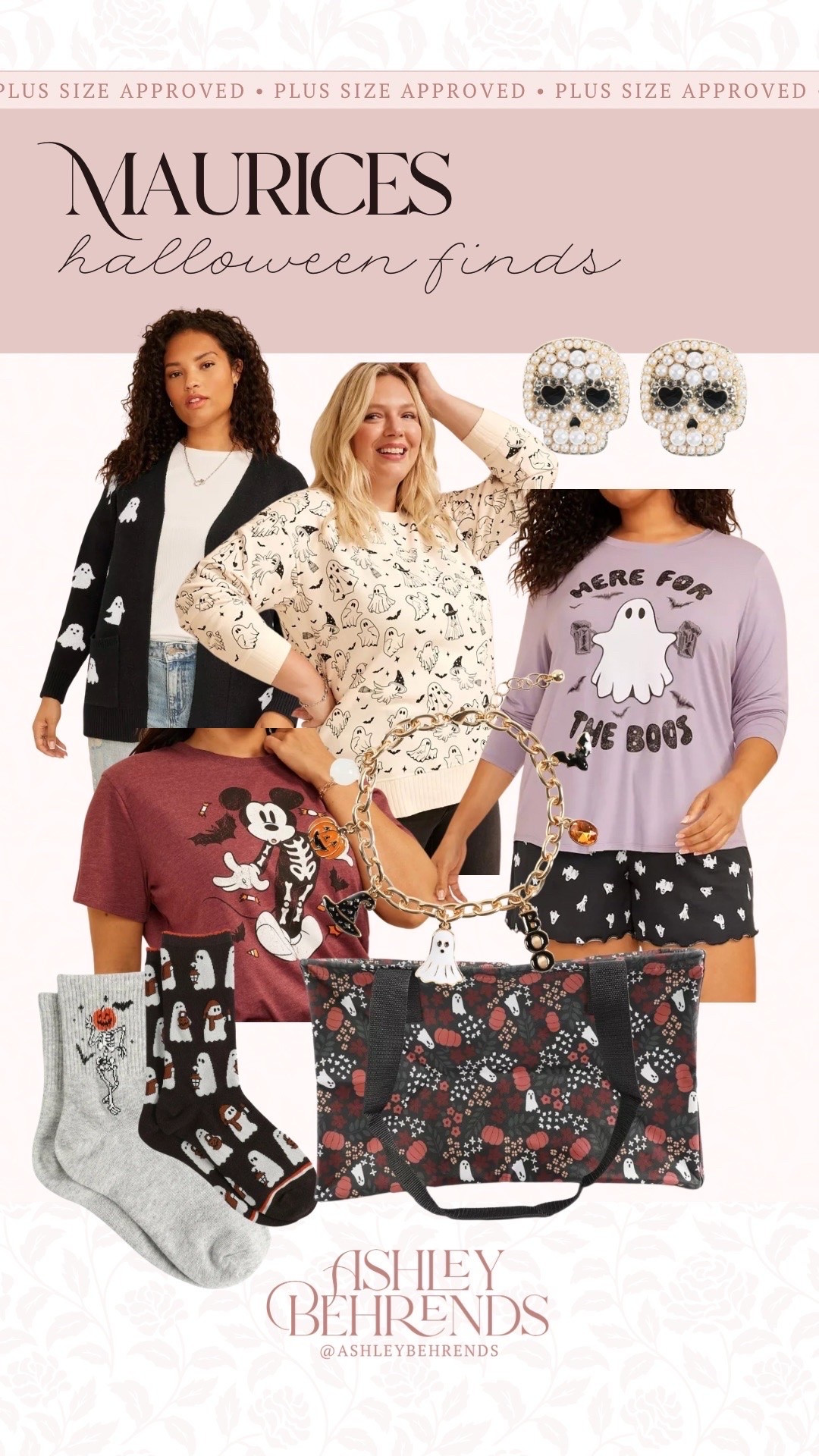@Maurices has me ready for a month long celebration of spooky season! They honestly have the cutest finds this year, do you see the pearl details on those skull 💀 earrings?! The ghosts on this white sweatshirt are adorable, and those “here for the boos” pajama set is perfect for a spooky movie night with the bestie! 
Halloween socks, Disney Halloween, pearl skeleton earrings

#LTKSeasonal #LTKPlusSize #LTKMidsize