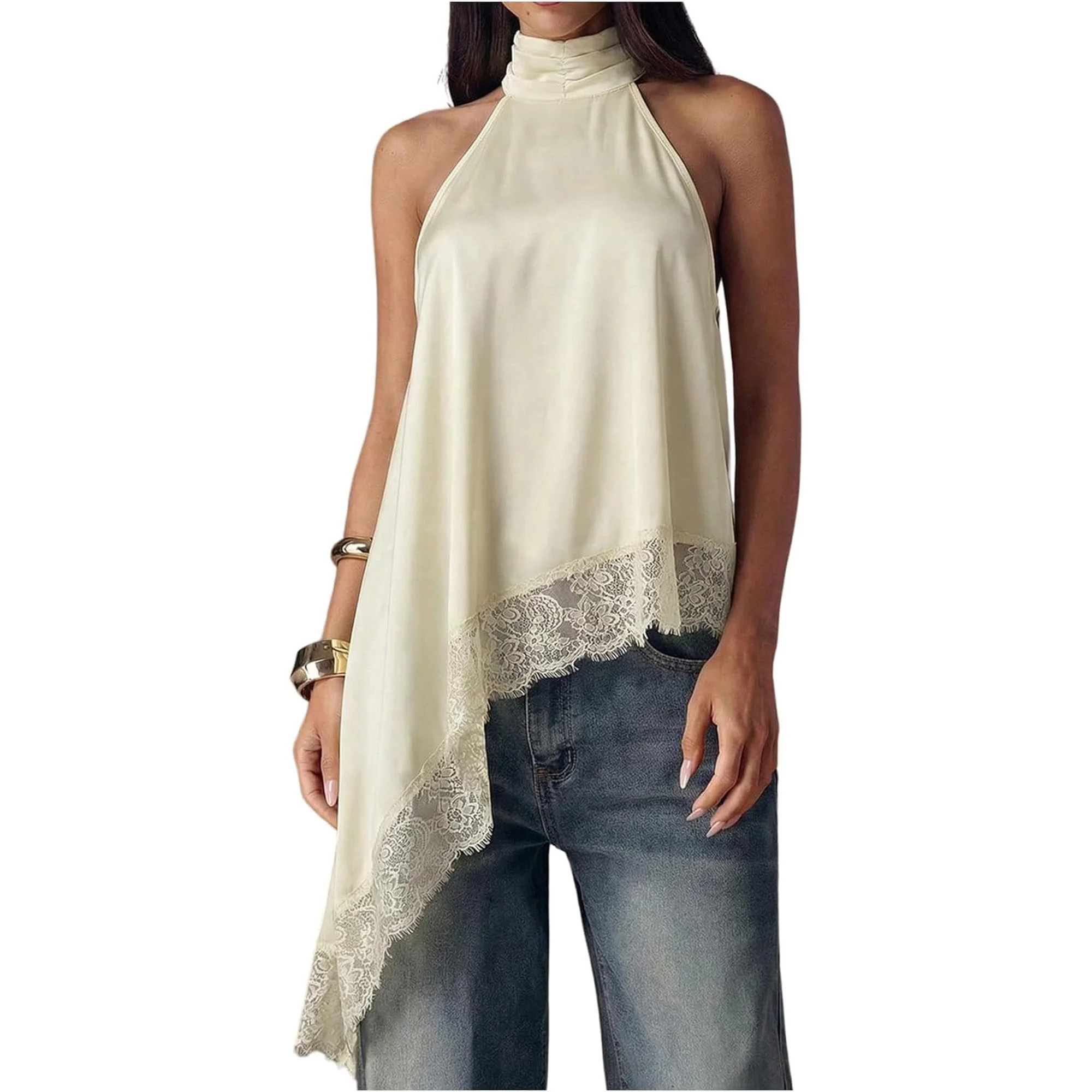 Wrongduck Women Halter Neck Lace Tank Top Sleeveless Asymmetrical Hem Summer Top Elegant Solid Co... | Walmart (US)
