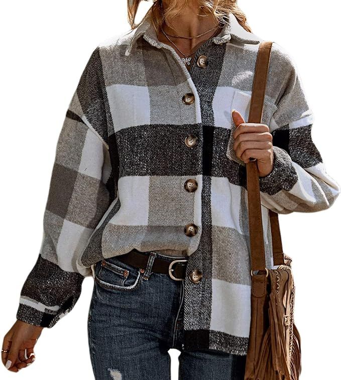 Women Casual Wool Blend Plaid Jacket Button Down Long Sleeve Shacket Jacket Coat Oversize Shirt V... | Amazon (CA)