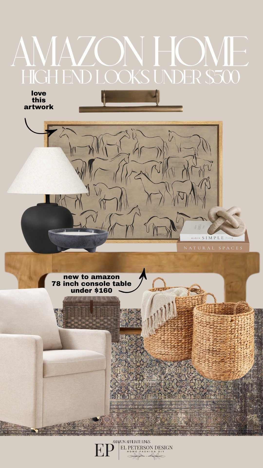 Amazon
Console table 
Area rug 
Table lamp 
Baskets
Accent Chair
Artwork
Picture light