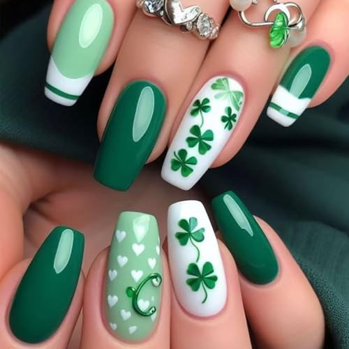 St Patricks Day Press on Nails Medium Coffin Green French Tip Fake Nails Medium Acrylic Nails Press ons with Lucky Clover Designs Full Cover Glossy Holiday Stick Glue on Nails for Women Girls 24 Pcs | Amazon (US)