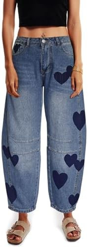 Barrel Jeans for Women Mid Rise Heart Printed Denim Ankle Pants Vintage Baggy Boyfriend Jeans | Amazon (US)