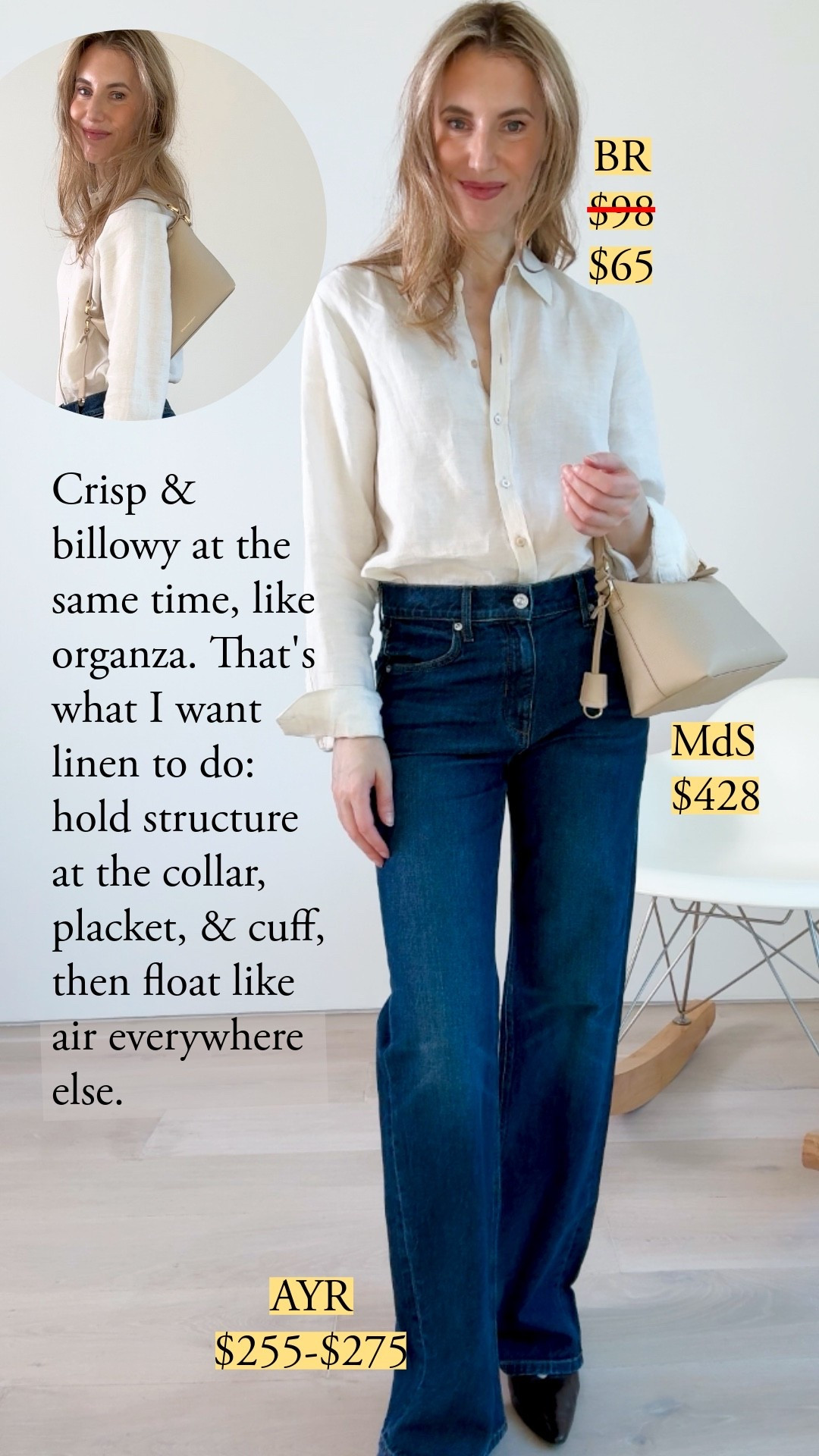 Crisp & billowy at the same time, like organza. That's what I want linen to do: hold structure at the collar, placket, & cuff, then float like air everywhere else. The BR shirt is TTS. The AYR jeans are sold out in my exact wash, so I'll leave the closest here. I also have them in Hero Baby, perfect light wash with natural distressing. I'm 5'7" in a 26R, and I'm wearing 2" heels. Mango,  leather heeled shoes, heeled, pointed-toe, kitten heel, Suede shoe, suede, Margaux, slingback, leg jeans, Gap, banana Republic, vest, blazer, MAISON De SABRÉ, bucket bag, tote bag, leather bag, baggy jeans, linen shirt, shirt, hobo bag, AYR

#LTKootd