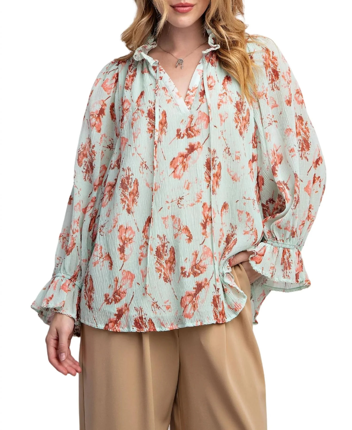 Printed Chiffon Blouse In Mint | Shop Simon