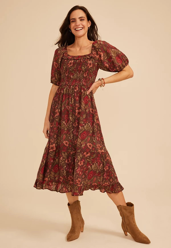 Floral Square Neck Smocked Bodice Midi Dress | Maurices