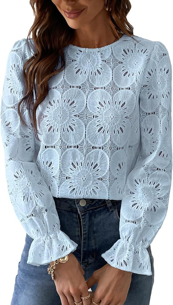 CUPSHE Women's Eyelet Long Sleeve Tops Shirts Dressy Hollow Out Crochet Lace Embroidered Blouses ... | Amazon (US)