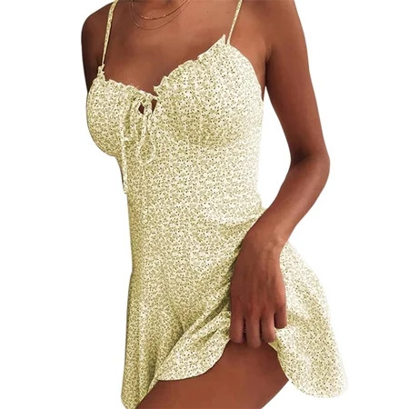 Paille Women Spaghetti Straps Loose Short Mini Dresses Sleeveless Bohemian Slip Dress Lace Up Boho S | Walmart (US)