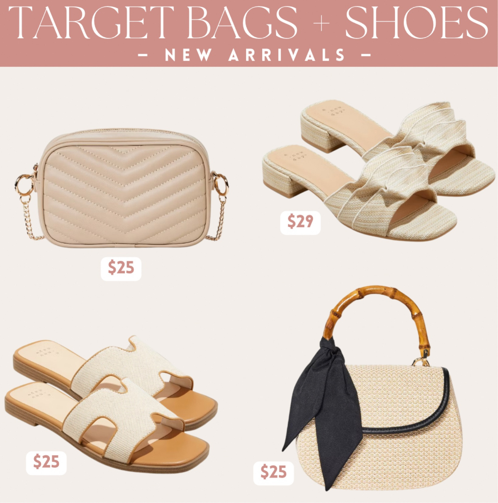 Target bags and shoes for spring that I just ordered! Loving the neutral slide sandals, block heels with ruffles, the Gucci inspired bamboo top handle bag, and the Tory Burch inspired camera bag — all Target spring fashion finds for under $30.00 each!!! Great deals!!! Shop now • before they sell out 🛍️ 

#LTKItBag #LTKFindsUnder50 #LTKShoeCrush