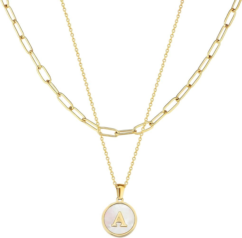 KRKC Layered Initial Necklace, Adjustable Letter Necklace 18K Gold Plated Mother of Pearl Necklac... | Amazon (US)