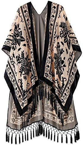 Women's Burnout Velvet Kimono Long Cardigan Cover Up With Tassel | Amazon (US)