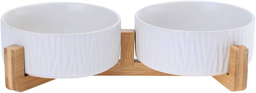 White Ceramic Cat Dog Bowl Dish with Wood Stand No Spill Pet Food Water Feeder Cats Medium Dogs S... | Amazon (CA)