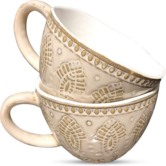 AllAsta Coffee Mugs Set Mandala Stoneware Textured Imprinted Glazed Ceramic Extra Large Mug Handm... | Amazon (US)
