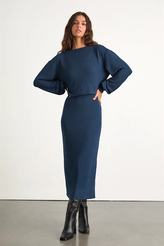 Marvelous Match Navy Knit Two-Piece Midi Dress & Sweater Set | Lulus